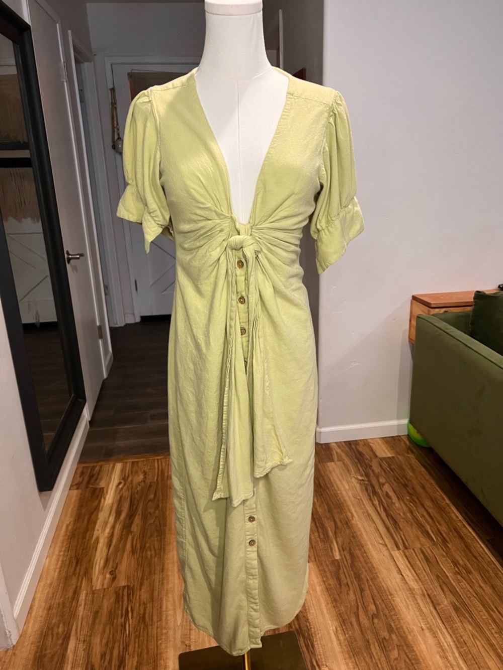 Boho Free People Linen Blend Sage Tie-Front Midi Dress